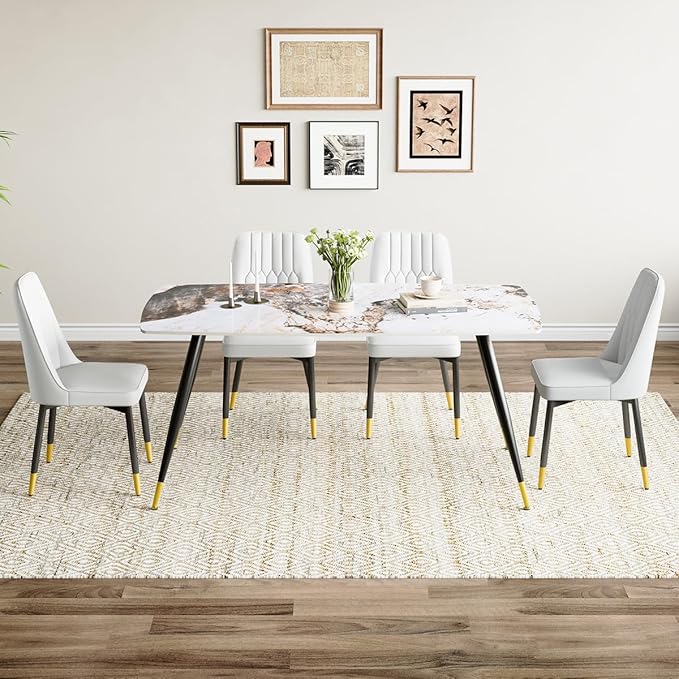 6 Person Dining Table Set, Sintered Stone Dining Table Set for 6, Kitchen Table Chairs Set of 6, Easy to Assemble