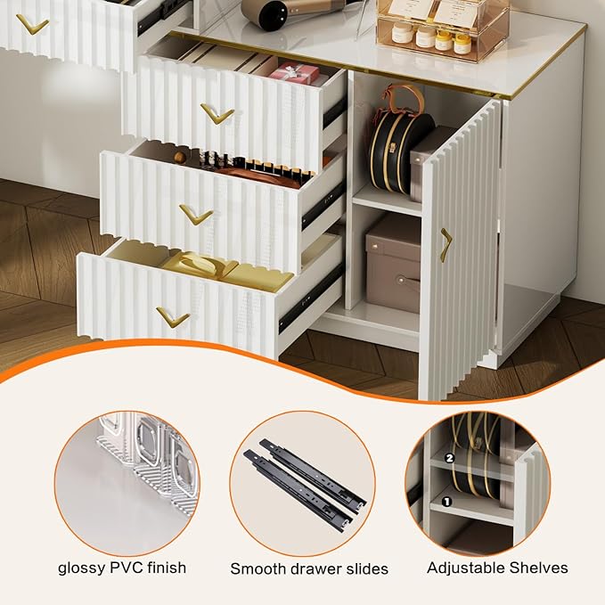 57“Makeup Vanity Desk with Mirror and Lights, Vanity Desk with 5 Drawers & Storage Shelves, Vanity Table with Power Outlet, 3 Color Modes & Adjustable Brightness Dressing Table, Bedroom,White