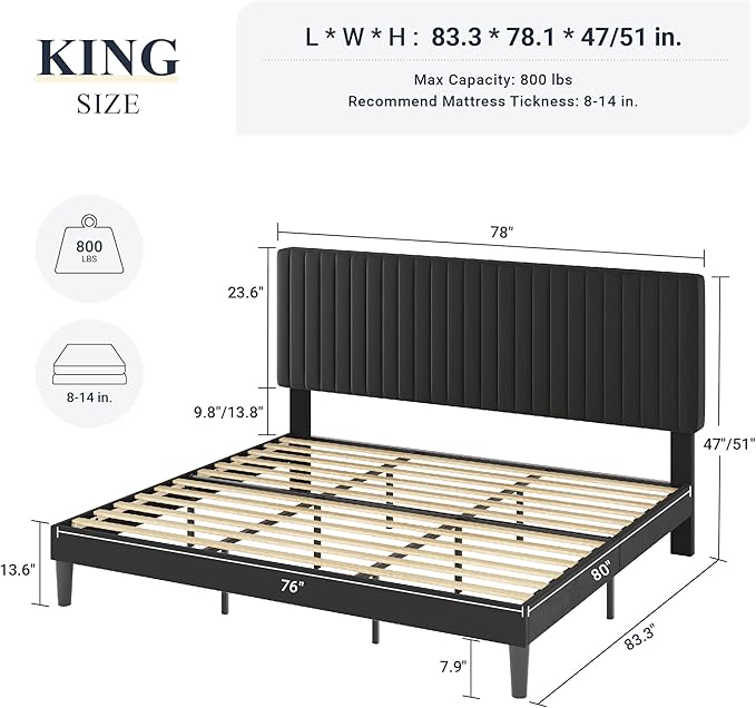 Allewie King Platform Bed Frame, Velvet Upholstered with Adjustable Vertical Channel Tufted Headboard, Mattress Foundation with Strong Wooden Slats, Box Spring Optional, Easy Assembly, Black
