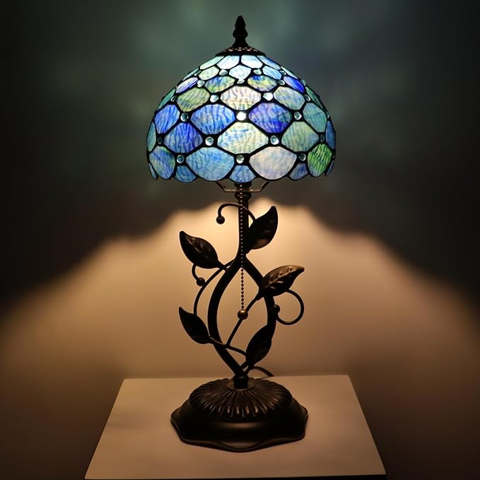 Small Tiffany Lamp Sea Blue Water Ripple Style Stained Glass Table Lamps Desk Bedside Reading Light 8X8X18 Inches with Bronze Metal Leaf Resin Base