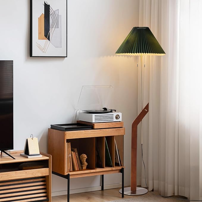Floor Lamps for Living Room,Mid Century Modern Wood Large Floor Lamp,Height Adjustable Study Room,Bedroom,Office Tall Standing Floor Lamp,Green Pleated Lampshade