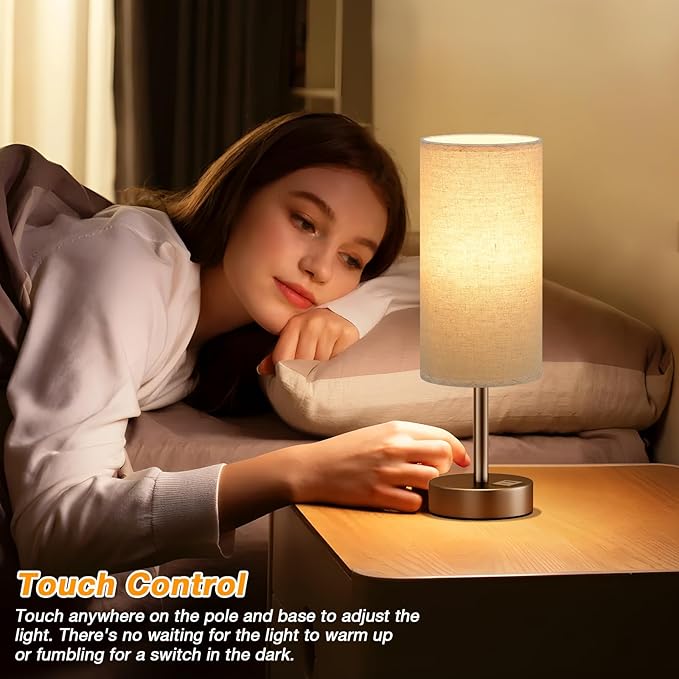 Dicoool Beige Touch Table Lamp for Bedroom - 3 Way Dimmable Bedside Lamp with USB, Nightstand Lamp with Brown Charging Station for Desk, Dorm, Office