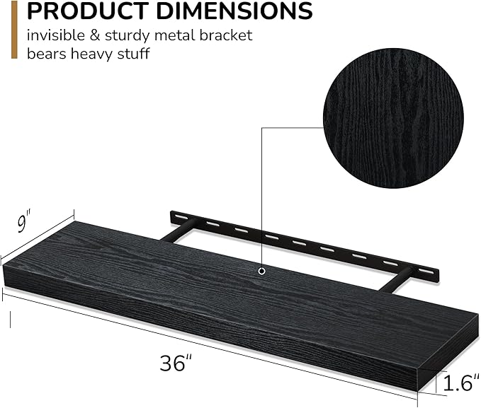Fun Memories Floating Shelves - 9.3 Inch Deep Wall Shelf for Decor & Storage - Wall Mounted Display Shelving with Invisible Heavy-Duty Metal Bracket - 36" W x 9" D x 1.6" H - Set of 1 - Rustic Black