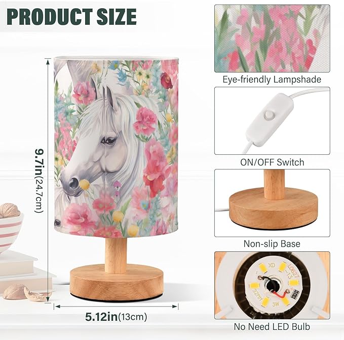 Bedside Lamp White Horse Pink Flower Table Lamp with USB Port Wood Base for Living, 5.12x9.7in/13x24.7cm, 214B3018