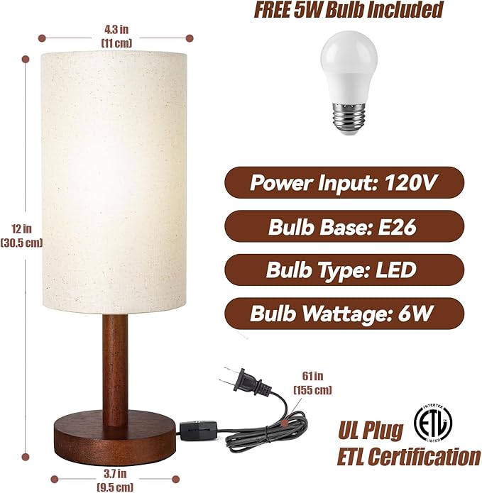 Small Table Lamp for Bedroom, Nightstand Lamp Linen Lampshade Bedroom Wood Base Small Bedside Lamp for Night Stands, Desk Lamps for Reading Living Room, Office (LED Bulb Included) (Black-Walnut Wood)