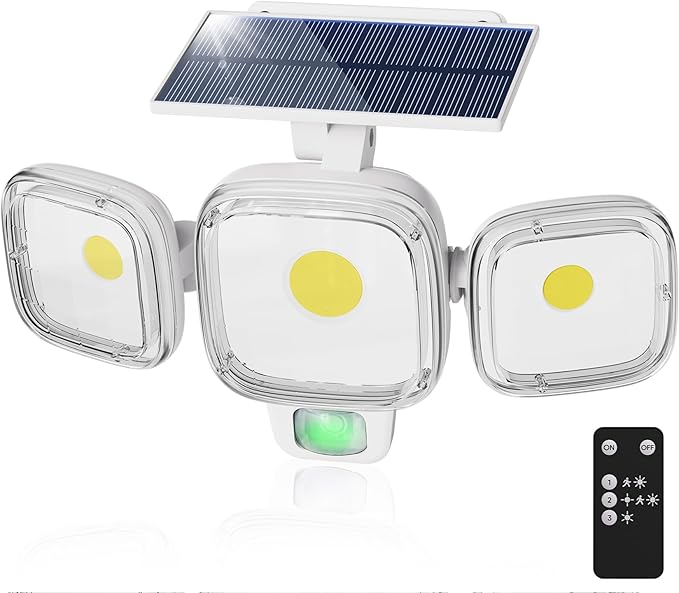 CINOTON Solar Motion Sensor Outdoor Lights, 3 Modes LED Security Flood Light with Remote Control, IP65 Waterproof Solar Powered Outside Wall Lighting for Garden Porch Garage Yard Driveway White 1 Pack