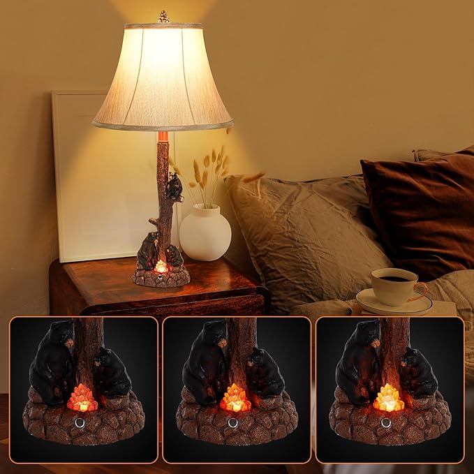 Classic Rustic Table Lamp with Three Black Bears Around Fire Pit - 25.59 Height, 3-Level Dimmable Campfire Light, USB/Type-C Powered, E26 Socket for Bedroom Living Room Decor