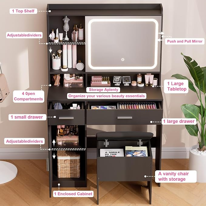 Vanity Desk with Sliding Mirror & Power Outlets - Dimmable LED Lighting, 4 Open Shelves, 2 Drawers, 1Storage Cabinet & Padded Stool - Ideal Bedroom Makeup Dressing Table （Black）