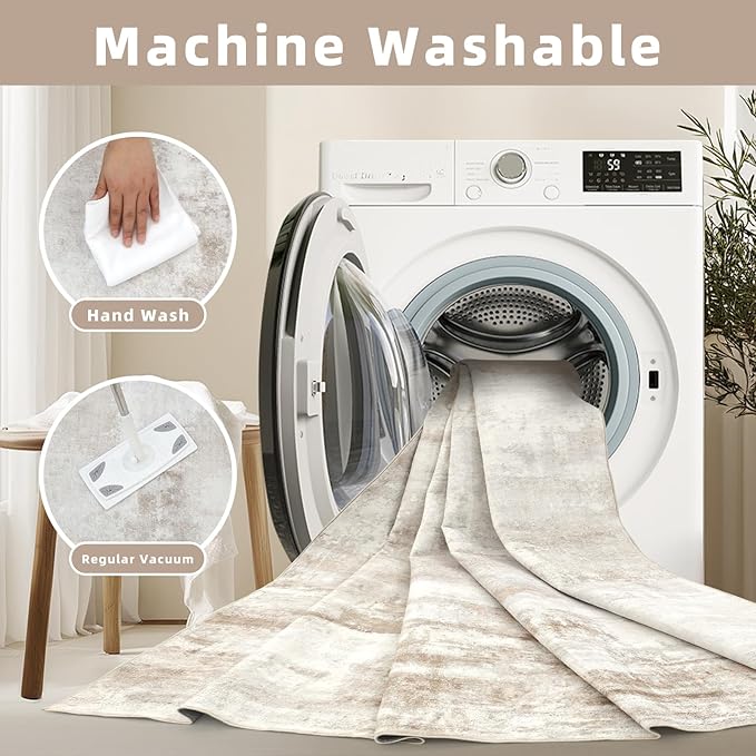 Washable Rugs 8x10 Area Rugs for Living Room - Modern Abstract Rugs for Bedroom,Dining Room,Large Soft Low Pile Carpet with Non Slip Rubber Backing,Neutral Accent Nursery Rug- Yello Brown