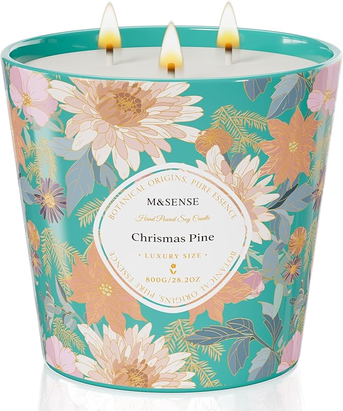 M&SENSE Christmas Pine Scented Candle, 28.2oz 3 Wick Natural Soy Wax Large Candles, Long Lasting Clean Slow Burning No Toxic Décor for Christmas, Romantic Dates & Gift-Giving