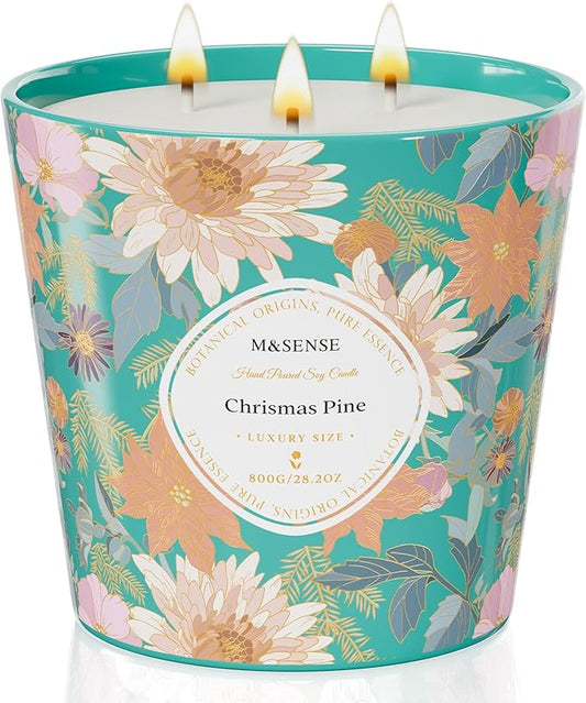 M&SENSE Christmas Pine Scented Candle, 28.2oz 3 Wick Natural Soy Wax Large Candles, Long Lasting Clean Slow Burning No Toxic Décor for Christmas, Romantic Dates & Gift-Giving