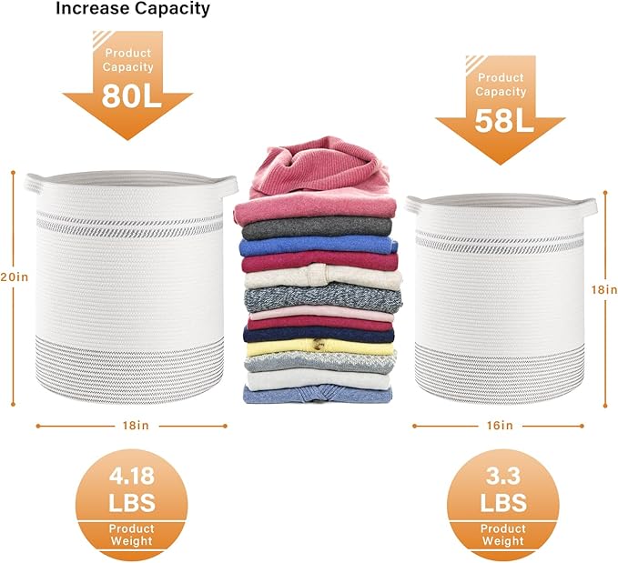 OIAHOMY 80L Laundry Basket, Laundry Hamper, Cotton Rope Storage Basket with Handles, Decorative Woven Basket for Living Room,Storage Baskets for Clothes, Blankets, and Toys -20''×18'', White&Gray