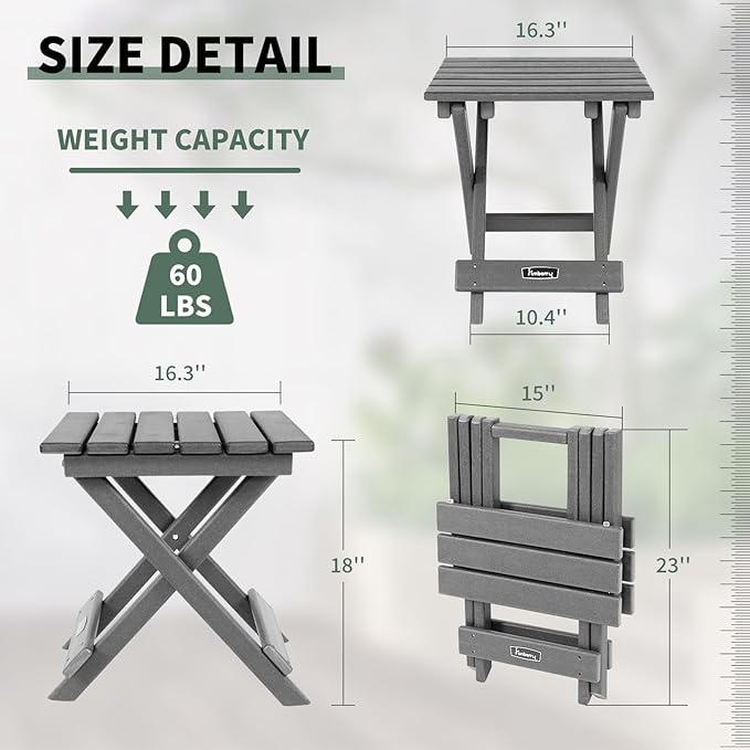 FUNBERRY Outdoor Folding Adirondack Side Table, Portable No Assembly Patio End Table HDPE All Weather