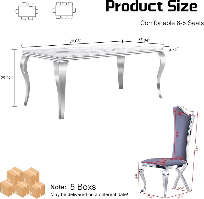 7-Piece Dining Table Set for 6, Modern Dining Room Set with 70'' Marble Dinner Table and 6 High-Back Upholstered Chairs, Stainless Steel Legs Table & Chair Set for Kitchen, Gray & Silver