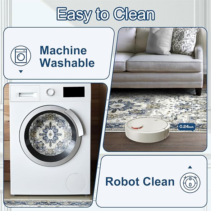 Area Rugs for Living Room 9x12 - Large Machine Washable Vintage Oriental Soft Rug, Low Pile Thin Carpet with Non Slip Backing for Bedroom, Dorm, Under Dining Room Table, Indoor House, Office Decor