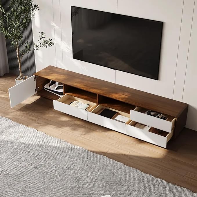 POVISON 94" Modern Wood White TV Stand, Lowline Media Console with 4 Drawers, Open Storage Cabinet, Walnut Veneer Fully-Assembled (TV Stand Only)