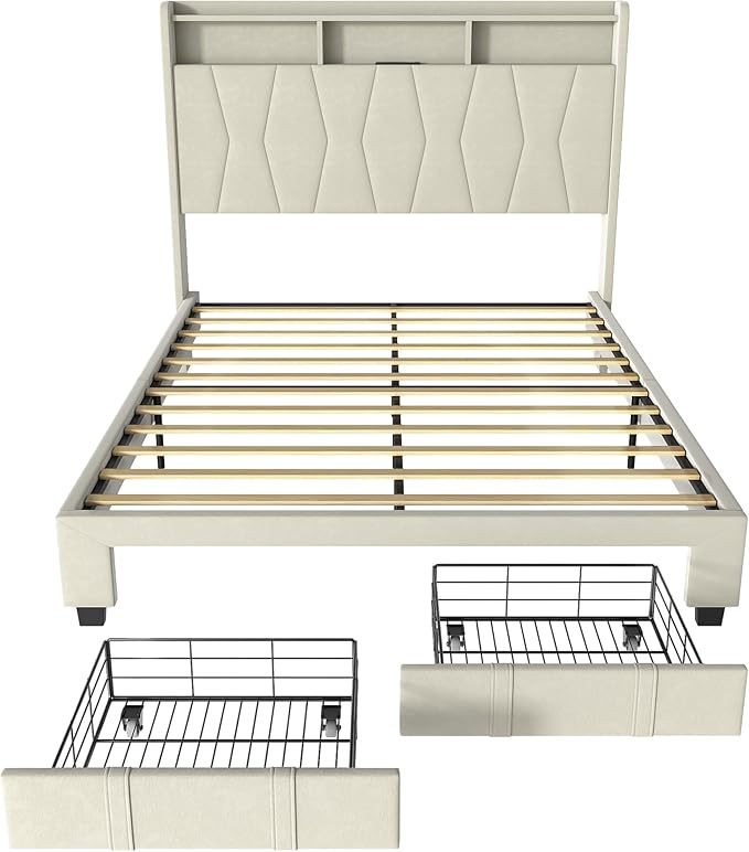 Queen Bed Frame, Velvet Upholstered LED Platform Bed with Headboard Storage, Queen Bed Built-in Charging Station with 2 Drawers, Wood Slat Support, No Box Spring Needed, Beige