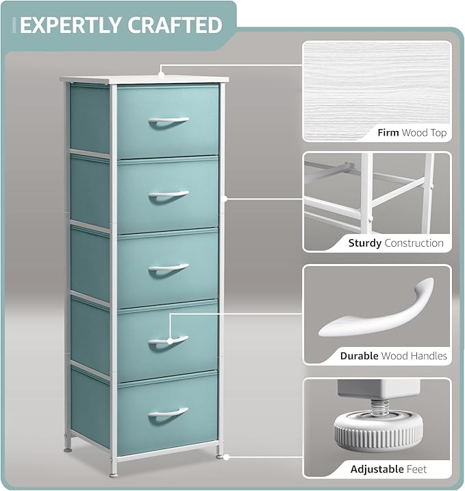 Sorbus Fabric Dresser for Kids Bedroom - Chest of 5 Drawers, Tall Storage Tower, Clothing Organizer, for Closet, for Playroom, for Nursery, Steel Frame, Fabric Bins - Wood Handle (Aqua)