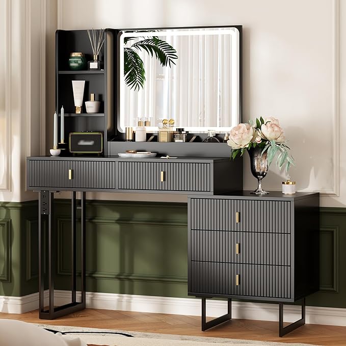 Large Vanity Desk with 3 Color Touch Screen Dimming Mirror, Vanity Desk with Charging Station, Modern Retractable Makeup Dressing Table, Makeup Table With storage shelves and 5 Sliding Drawers, Black