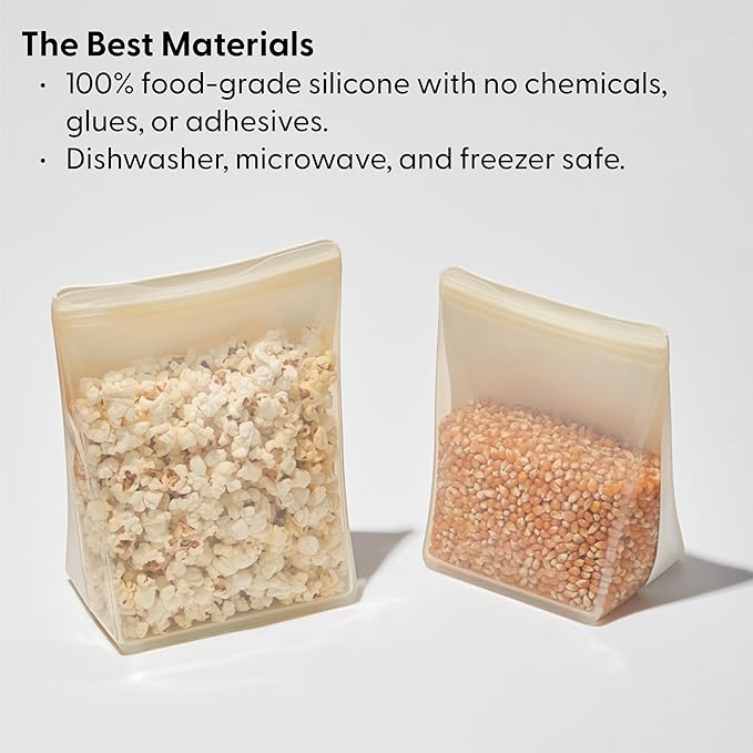 W&P Porter Silicone Reusable Storage Bag, Sandwich (50oz Stand-Up), Cream, Food Storage Container, Microwave and Dishwasher Safe, Easy Cleaning