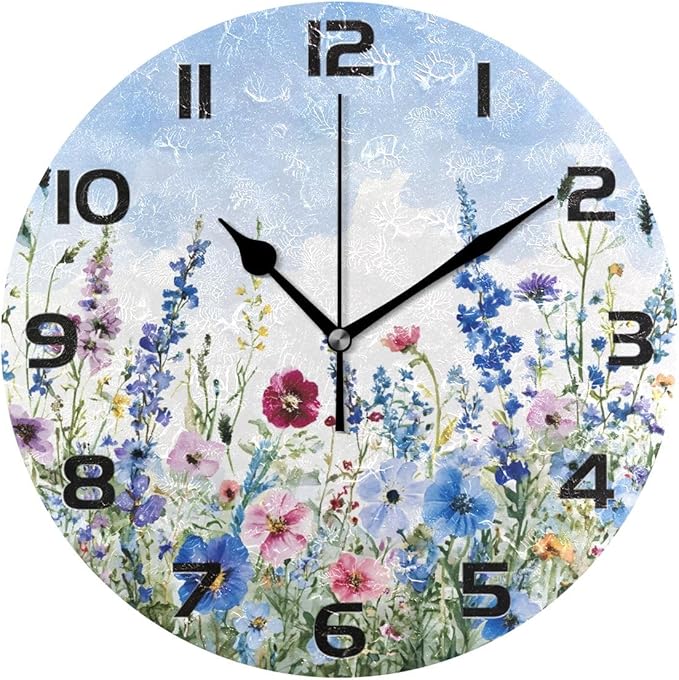 Bolaz Wall Clocks Decorative Bedroom Silent Living Room Desktop Flowers Blue Watercolor Tabletop Shelf Clocks Round Battery Operated 10 Inch Non-Ticking
