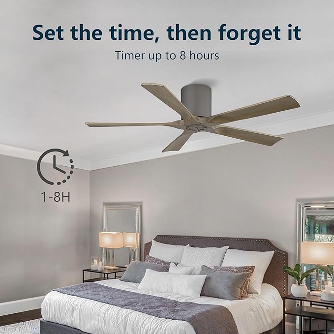 ELEHINSER 52 inch Low Profile Ceiling Fan without Light, 5 Solid Wood Blades, 6-Speed, Quiet DC Motor, Timer, Flush Mount Modern Ceiling Fan No Light with Remote for Living Room Bedroom, Charcoal Grey