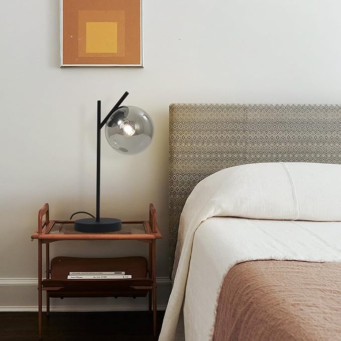 Black Table Lamp Vintage Metal Desk Lamp Modern Smoke Gray Glass Globe Nightstand Lamp Nordic Bedside Lamp for Living Room Bedroom Office