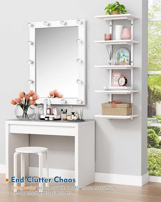 White 5 Tier Wall Shelf Unit for Shoes Display, Lack Wall Bookshelf for Bedroom, Vertical Tiered Floating Book Shelves for Office Living Room Bathroom Vanity Kitchen Closet Purses Bags