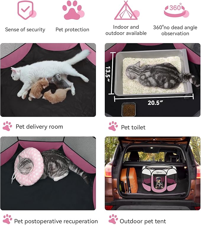 Pink Dog Playpen, Puppy Pet Cat Playpen Indoor for Small Dogs Cats, Dog Tent Crates Cage Indoor/Outdoor, Portable Pop Up Dog Kennel Playpen with Carrying Case for Dogs/Cats/Rabbits, Zipper Top