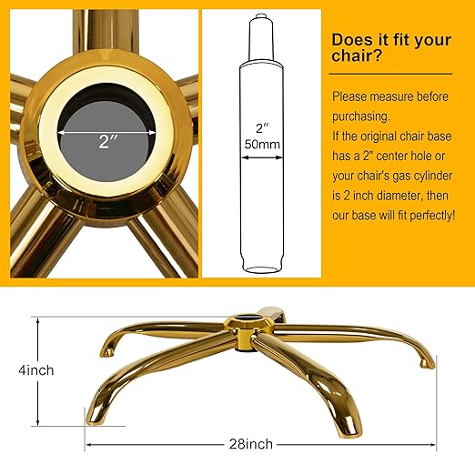 Frassie Office Chair Base Replacement with Wheels, Heavy Duty 2500LBS Metal Stool Chair Base, 28 inch Desk Chair Base Replacement Part (Gold)