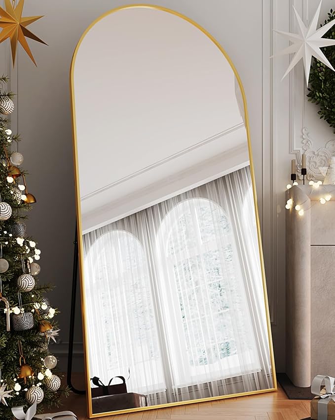 Full Length Mirror, 78"x38" Arched Floor Mirror Freestanding, Floor Standing Full Body Mirror with Stand for Bedroom, Hanging Mounted for Living Room Cloakroom, Gold