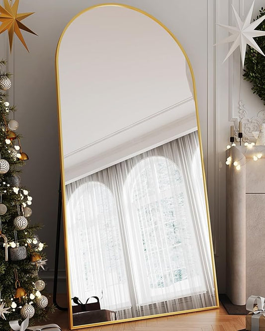 Full Length Mirror, 78"x38" Arched Floor Mirror Freestanding, Floor Standing Full Body Mirror with Stand for Bedroom, Hanging Mounted for Living Room Cloakroom, Gold