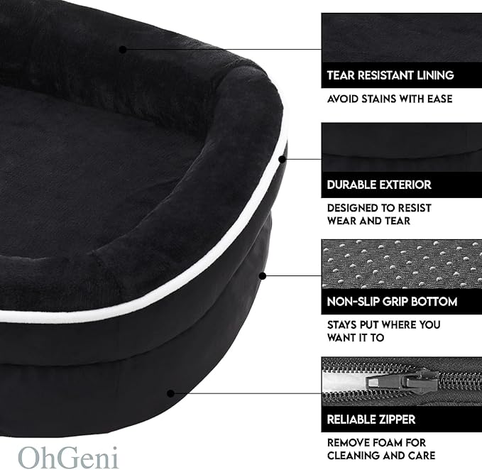 OhGeni Orthopedic Jumbo Dog Couch Pet Sofa XL Sized Cat Beds with Comfort Foam Support, Soft Comfortable Fabric, Machine Washable Waterproof Removable Cover, 42-Inch (Black)