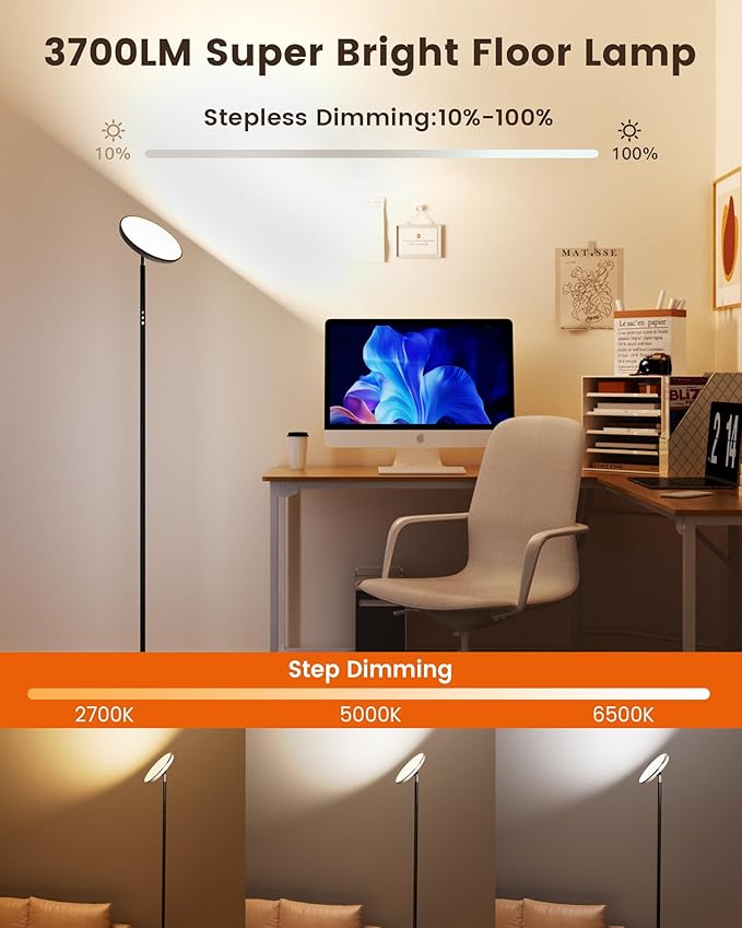 UFO Floor Lamp 71in, Upgraded 42W 3700LM LED Torchiere Floor Lamps for Living Room, Modern Tall Bright Standing Light with Remote, Dimmable Sky Light,1/2/3H Timer for Bedroom,Office(Black)