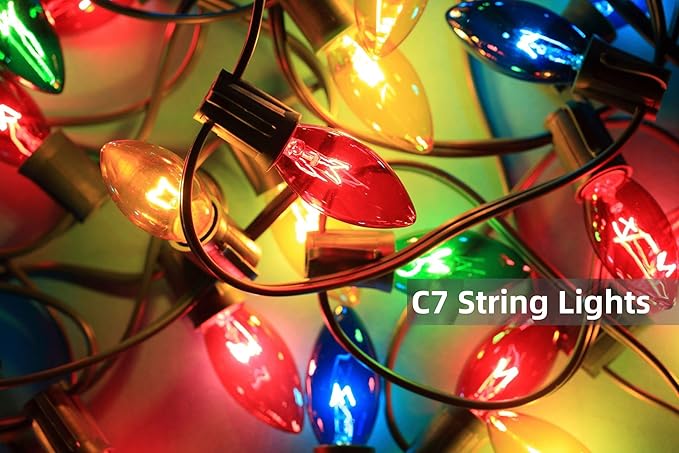 Couah C7 String Lights-25Ft Clear Vintage Multicolor Lights with 27 Colorful Incandescent Bulbs (2 Spare), Outdoor String Lights for Christmas Party Backyard Wedding- Green Wire, ULP(7)-LR(25)(5W)