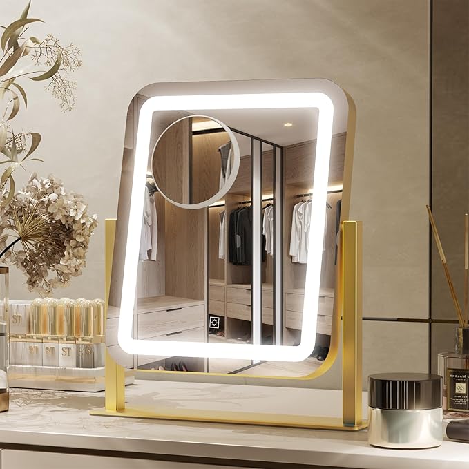 PRIMETEK Vanity Mirror with Lights, 16"x14" Large LED Lighted Makeup Mirror, Hollywood Makeup Mirror, Touch Screen, 3-Color Lighting, 5X Magnification, for Vanity Desk Tabletop, Bedroom, Gold