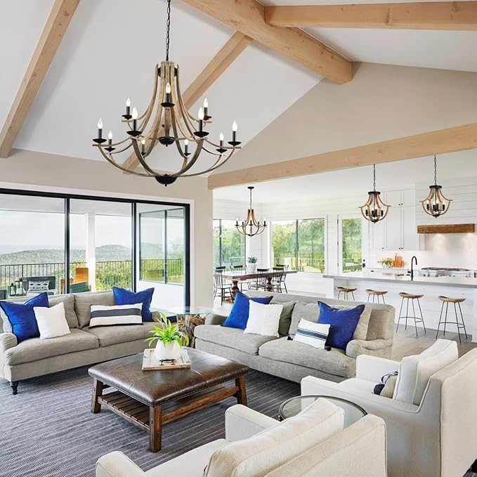 Farmhouse Chandeliers for Dining Room Light Fixture, 2 Tier 12-Light 41" Adjustable Height Retro Faux Wood Texture Rustic Light Fixtures for Living Room Bedroom Kitchen Island Foyer Entryway