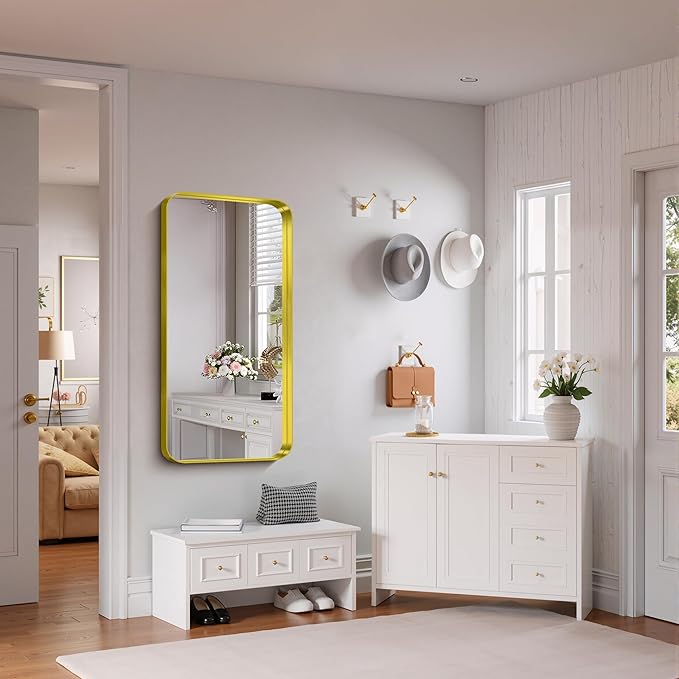 FORBATH 24x48 Inch Bathroom Mirror, Brushed Gold Deep Frame Narrow Wall Mirror with Rounded Corners, Anti-Rust Tempered Glass for Modern Farmhouse Vanity (Horizontal/Vertical)