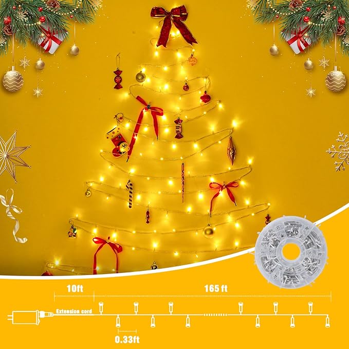 QITONG Warm White Christmas Lights Outdoor, Clear Wire 165ft 500 LED String Light Plug-in, 8 Modes Twinkle Xmas Lights Indoor