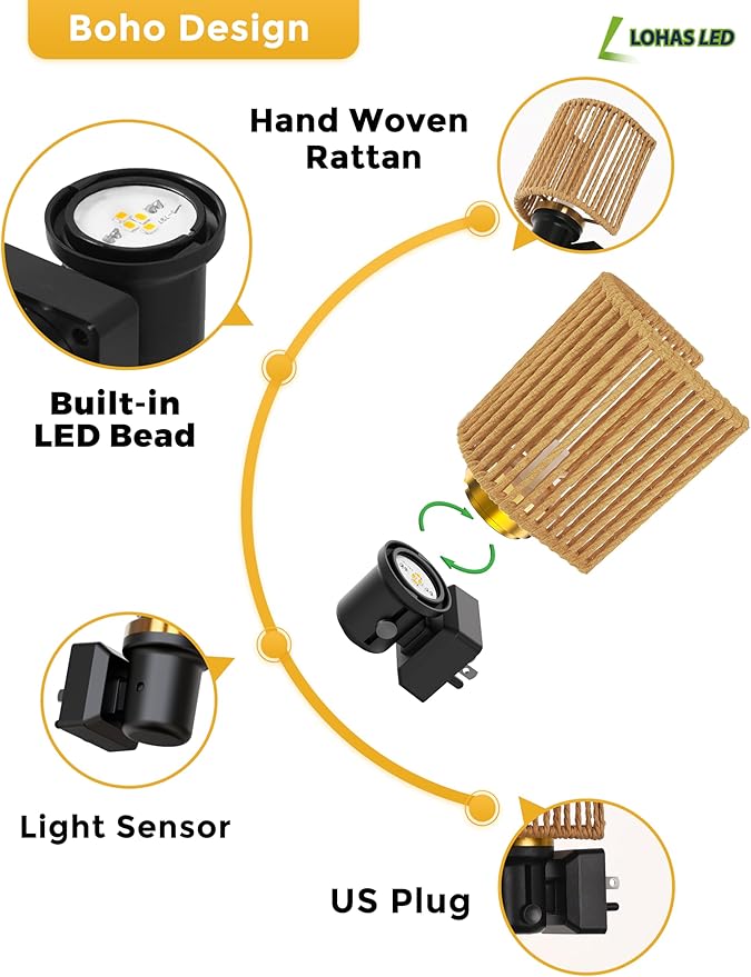 L LOHAS LED Night Lights Plug into Wall, Plug in Night Light, Bohemian Nightlight Dimmable with Light Sensor, 3000K, Boho Nightlights Farmhouse Decorative for Bedside Bedroom Bathroom Hallway, 1 Pack