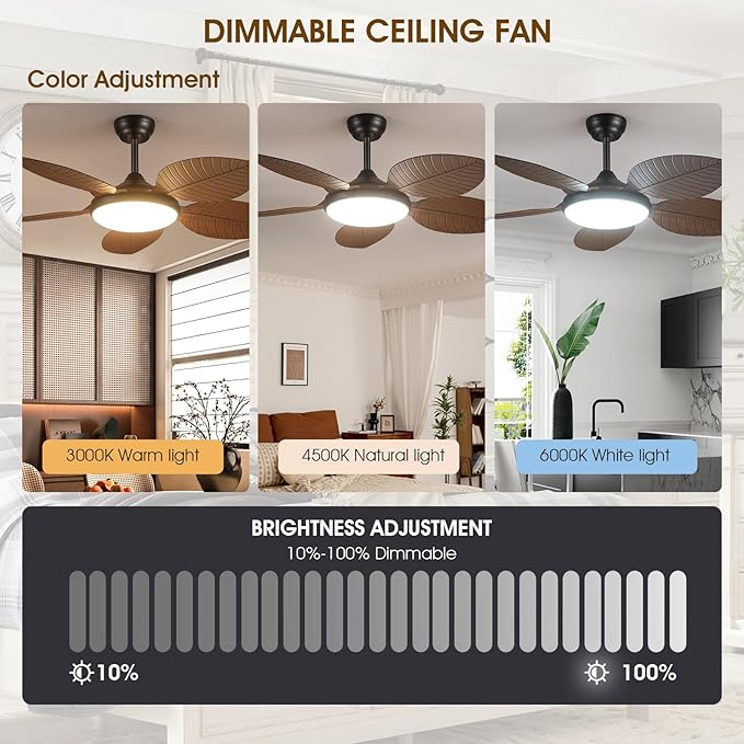Ceiling Fans with Lights and Remote/APP Control, 48 Inch Tropical Ceiling Fan for Bedroom Living Room, Outdoor Palm Leaf Ceiling Fan for Patios Porch, Dimmable, 6 Speeds, Reversible, Brown