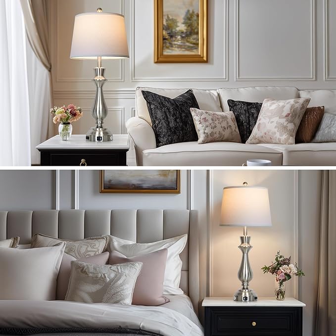 Modern Silver Table Lamps Set of 2 for Living Room,30" Tall Bedside Lamp with USB Charging Port,3-Way Dimmable Touch Nightstand Lamp for Bedroom Desk Side Table Office,Silver