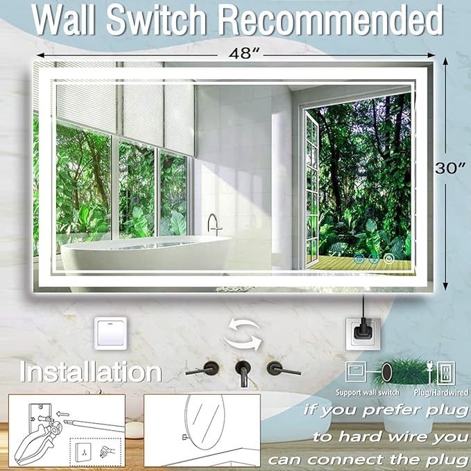 48 x 30 Inch Lighted Vanity Mirror with Lights 3 Color Adjustable Brightness Anti-fog 48 Inch LED Bathroom Mirror for Bathroom Salon Wall Horizontal/Vertical Mounted 48" Light up Smart Mirror