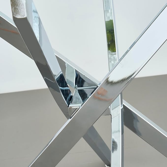 36" Round Glass Dining Table Modern Kitchen Glass Top Table for 4 with Silver Chrome Metal Legs, Clear Dining Table Kitchen Table for Home Office Dining Room