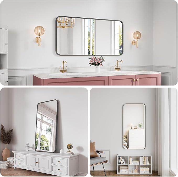 Koonmi Bathroom Mirror, 24X48 Brushed Black Metal Framed Wall-Mounted Mirror for Over Sink, HD Tempered Glass, Anti-Rust, Rounded Rectangle Mirror for Restroom, Bedroom, Hangs Horizontal or Vertical