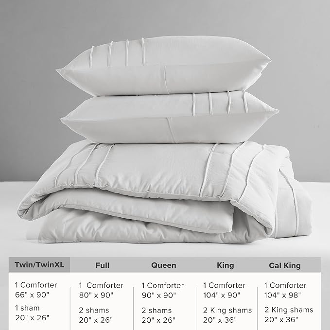 Comfort Spaces Silver Twin Size Comforter Set - 2 Pieces Pintuck Pleated Bedding Sets, All Season Lightweight, Extra Softness Pre-Washed Microfiber Twin Bed Set, Shams, Twin