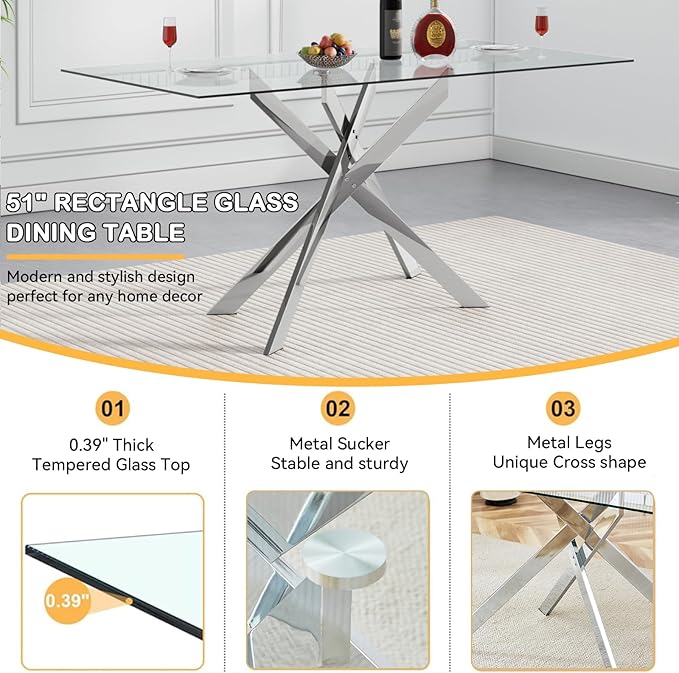 Goujxcy Glass Dining Table Set for 4, Modern Kitchen Table and Chairs Set of 4, 5-Piece Kitchen Dining Room Table Set w/51 Glass Metal Dining Table and 4 Beige Velvet Upholstered Chairs, Silver/Beige