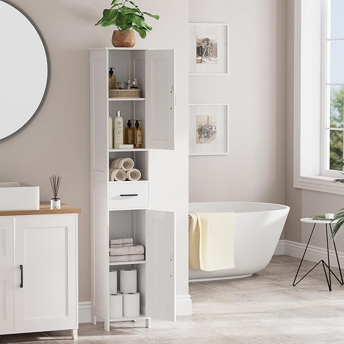 Homhedy 67" H Tall Bathroom Storage Cabinet with 2 Barn Doors and 1 Drawer, Narrow Storage Unit, Adjustable Shelves, Floor Cabinet for Bathroom, Living Room, Entryway, Kitchen, White, (11.8" W)