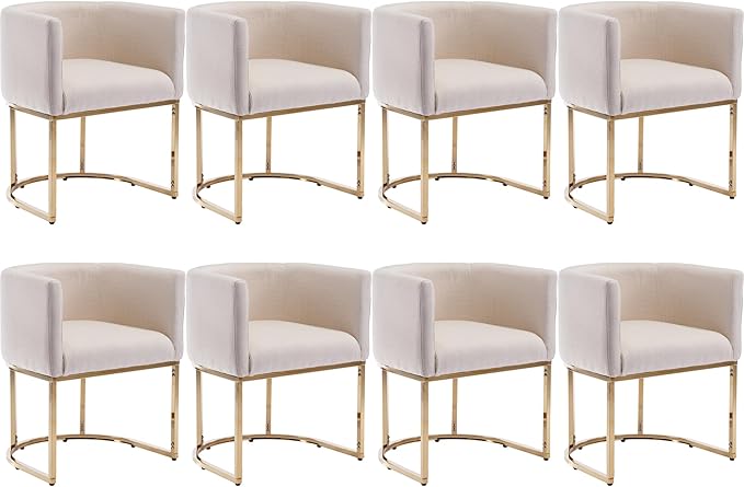 Linen Fabric Dining Chairs Set of 8 Modern Barrel Arm Chairs with Golden Frame, Upholstered Kitchen Chairs 18.5" Wide Accent Chairs for Living Room Dining Room Restaurant, Cream