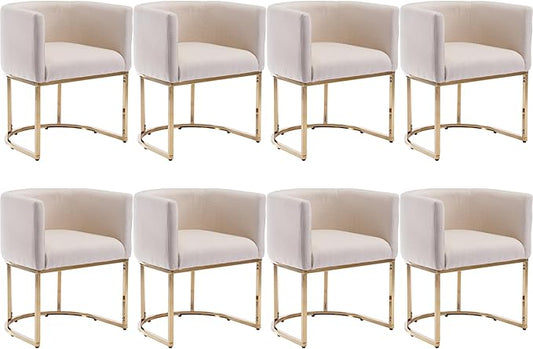 Linen Fabric Dining Chairs Set of 8 Modern Barrel Arm Chairs with Golden Frame, Upholstered Kitchen Chairs 18.5" Wide Accent Chairs for Living Room Dining Room Restaurant, Cream
